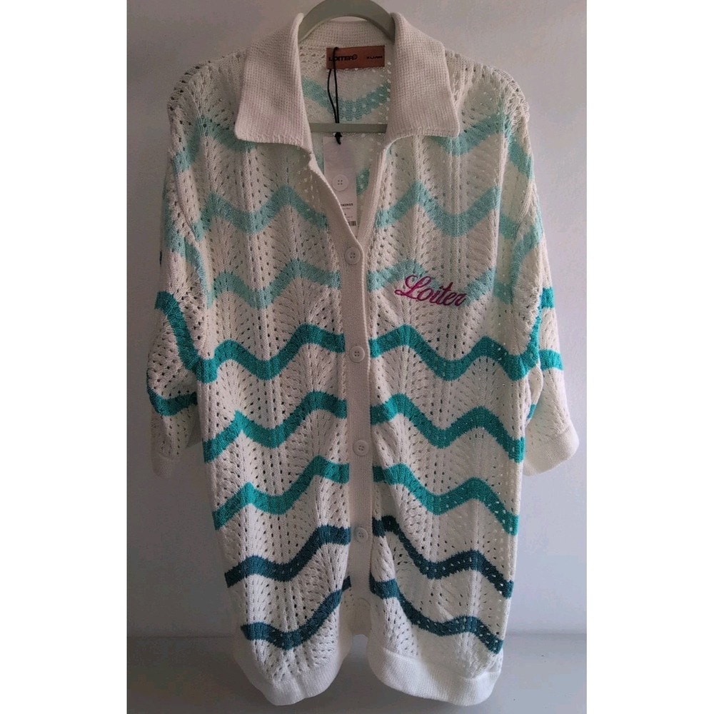 Loiter Breeze Knit Button-Up Shirt Wave Pattern‎ Off White/Blue Size XL NWT